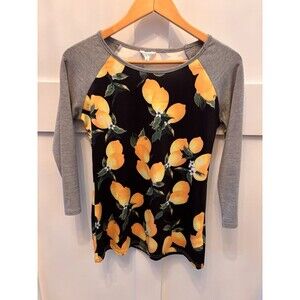 Women’s Long Sleeve Black Yellow Lemon Shirt Blouse Size Small